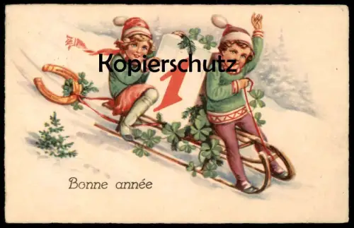 ALTE POSTKARTE BONNE ANNÉE ENFANTS NEUJAHR KINDER AUF SCHLITTEN HUFEISEN children luge sleigh cpa postcard Ansichtskarte