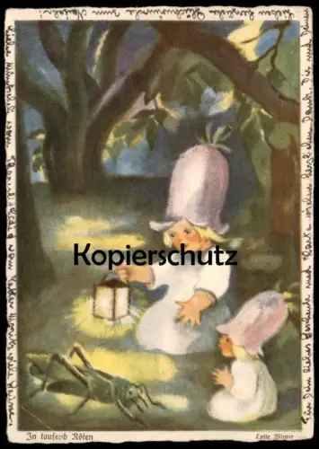 ALTE KÜNSTLER POSTKARTE IN TAUSEND NÖTEN LOTTE WINTER BLUMEN-KINDER ELFE GRASHÜPFER grasshopper Kind Mädchen AK postcard