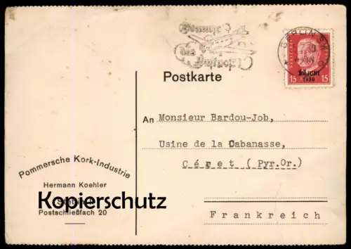 ALTE FIRMEN-POSTKARTE STETTIN POMMERSCHE KORK-INDUSTRIE HERMANN KOEHLER 1930 Szczecin Poland polska postcard AK cpa