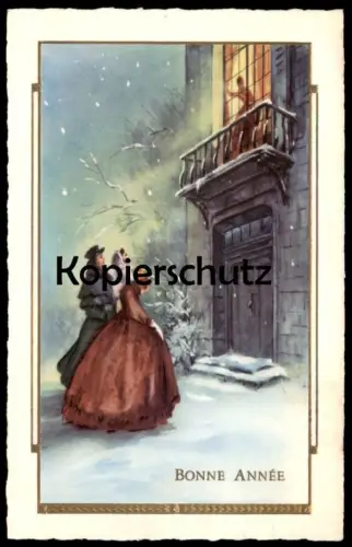 ALTE PRÄGE POSTKARTE BONNE ANNÉE COUPLE PAAR WINTERNACHT SCHNEE VOR VILLA ERLEUCHTETES FENSTER VERGOLDET cpa postcard
