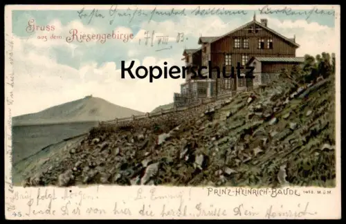 ALTE LITHO POSTKARTE GRUSS AUS DEM RIESENGEBIRGE PRINZ-HEINRICH-BAUDE 1410 METER Krummhübel Karpacz Karkonosze Krkonose