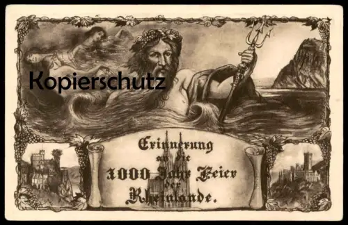 ALTE POSTKARTE 1000 JAHR FEIER RHEINLAND KÖLN RHEIN LORELEY BURG NIXE MEERJUNGFRAU NEPTUN Oceaniden mermaid nude breast