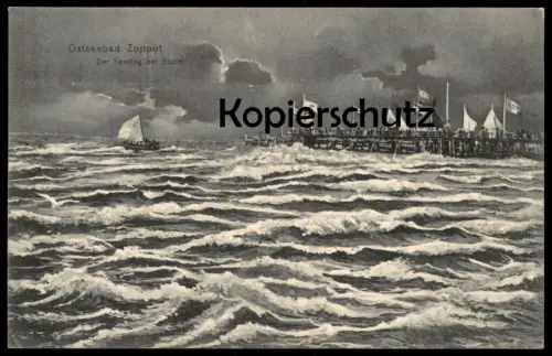 ALTE POSTKARTE ZOPPOT SEESTEG BEI STURM VERFASST AN BORD VON DAMPFER DRACHE NACH HELA 06.06.06 SOPOT poland polska cpa