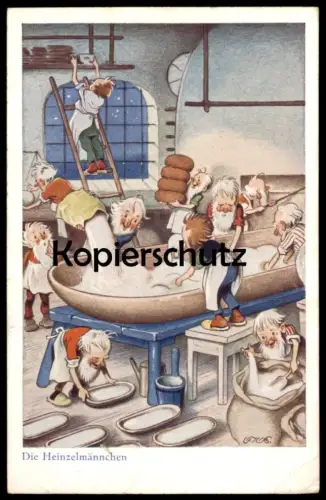 ALTE KÜNSTLER POSTKARTE DIE HEINZELMÄNNCHEN MÄRCHEN FRITZ BAUMGARTEN BACKSTUBE BÄCKEREI bakery fairy tale postcard Köln