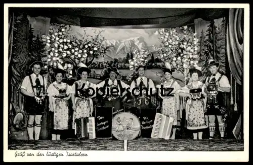 ALTE POSTKARTE GRUSS VON DEN LUSTIGEN ISARTALTERN ISARTAL ISAR ISARTALER MUSIKKAPELLE Trommel Kapelle Tracht Bayern