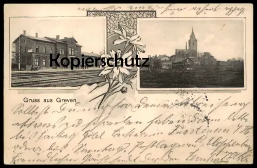 ALTE POSTKARTE GRUSS GREVEN IN WESTFALEN BAHNHOF KIRCHE station gare Ansichtskarte cpa postcard