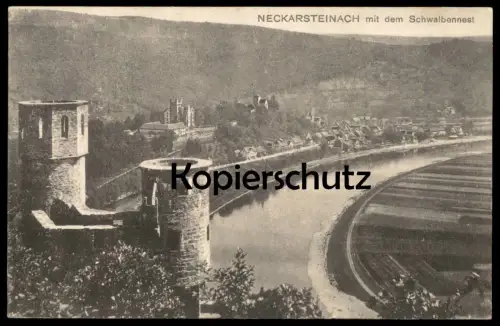 ÄLTERE POSTKARTE NECKARSTEINACH MIT BURG SCHWALBENNEST IM VORDERGRUND PANORAMA NECKAR Ansichtskarte AK cpa postcard