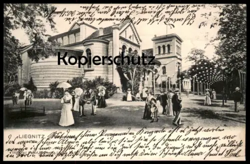 ALTE POSTKARTE LIEGNITZ SCHIESSHAUS DAMEN HERREN ROLLSTUHL SCHIRM SCHLESIEN Legnica postcard Ansichtskarte