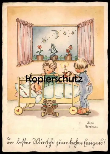 ALTE KÜNSTLER POSTKARTE KINDER ILSE NORDHAUS GEBURT Kind Mädchen Jungen Teddy Bär Mond bear moon Ansichtskarte postcard