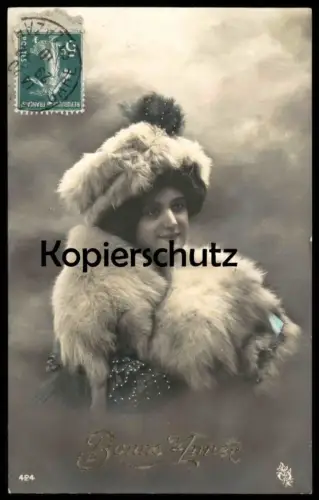 ALTE POSTKARTE BONNE ANNÉE FRAU MIT PELZ PELZMÜTZE PELZMANTEL fur femme woman fourrure Ansichtskarte AK cpa postcard