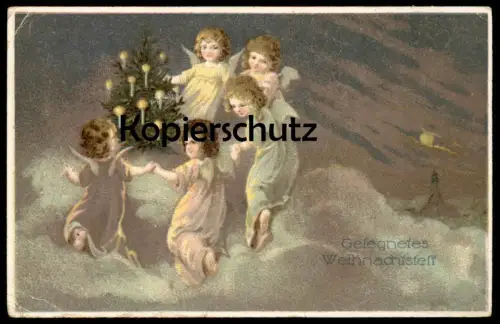 ALTE POSTKARTE ENGEL UM WEIHNACHTSBAUM GESEGNETES WEIHNACHTSFEST WEIHNACHTEN SCHUTZENGEL angel ange chistmas postcard AK