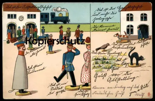 ALTE POSTKARTE SOLDAT LEUTNANT SPIELZEUG DAS IST DER HAUPTBAHNHOF UND NICHT DER ZOOLOGISCHE BAHNHOF BERLIN ? HUND