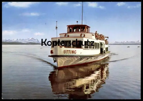 ÄLTERE POSTKARTE SCHIFF UTTING AUF DEM AMMERSEE MIT BLICK GEGEN ZUGSPITZE UND ALLGÄUER ALPEN Motorschiff AK postcard cpa