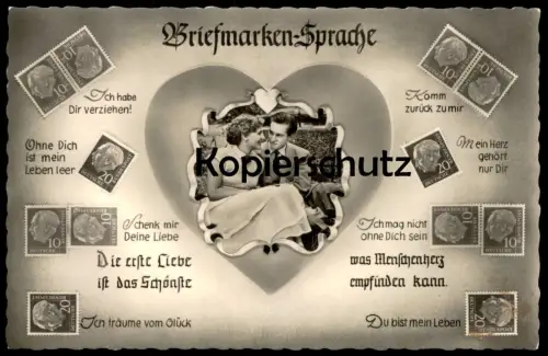 ÄLTERE POSTKARTE BRIEFMARKENSPRACHE Briefmarke couple Briefmarken postage stamp stamps timbre langage timbres Herz heart