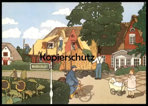 ÄLTERE KÜNSTLER POSTKARTE INSEL AMRUM NORDSEEBAD IM ORTSZENTRUM VON NEBEL WAASTERSTIGH KARIN BLUME REETDACH DACHDECKER