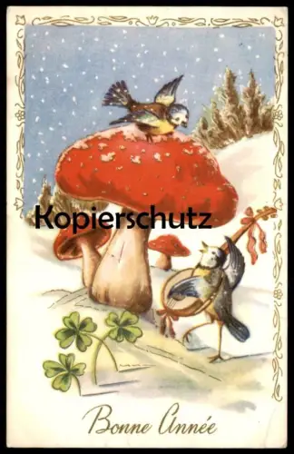 ALTE POSTKARTE BONNE ANNÉE AMANITE MOUCHE MÉSANGE BLEU FLIEGENPILZ BLAUMEISE GITARRE guitar fly agaric blue tit cpa AK