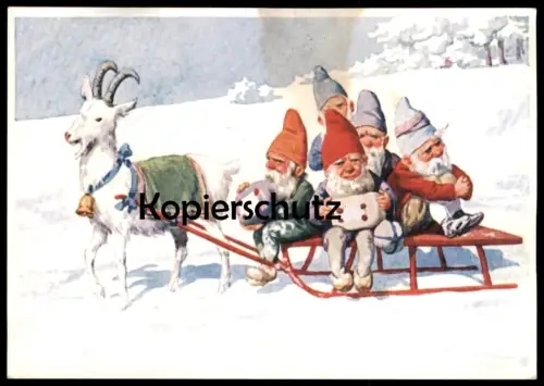 POSTKARTE ZWERGE AUF SCHLITTEN MIT ZIEGE HAUS HÜLSHOFF TECKLENBURG WEIHNACHTEN ZWERG GLOCKE dwarf midget nains nain AK