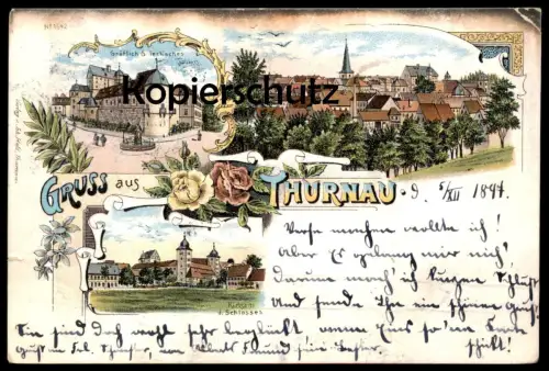 ALTE LITHO POSTKARTE GRUSS AUS THURNAU PANORAMA RÜCKSEITE DES SCHLOSSES GRÄFLICH GRIECH'SCHES SCHLOSS BAYERN AK postcard