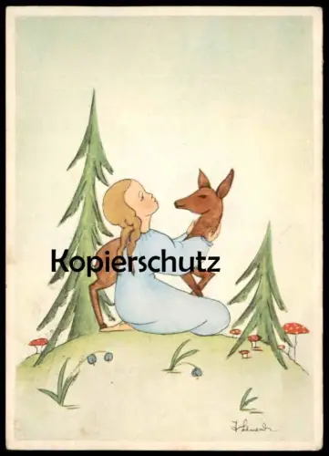 ALTE POSTKARTE MÄRCHEN BRÜDERCHEN UND SCHWESTERCHEN REH MÄDCHEN FLIEGENPILZ 1941 BRÜDER GRIMM ILSE SCHNEIDER fairy tale