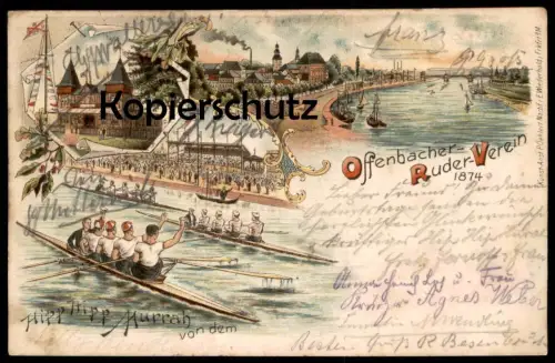 ALTE LITHO POSTKARTE HIPP HIPP HURRAH VON DEM OFFENBACHER RUDER-VEREIN OFFENBACH AM MAIN RUDERER Hessen Ansichtskarte