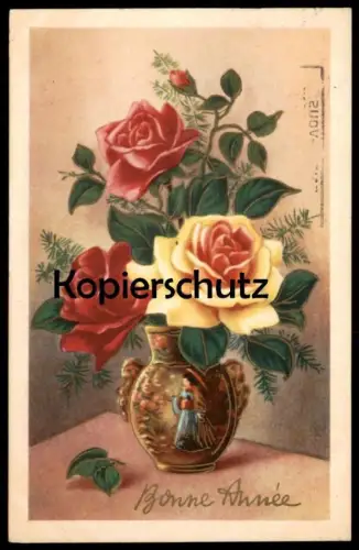 ALTE POSTKARTE BONNE ANNÉE NEUJAHR VERGOLDET BLUMEN IN EINER VASE Blume fleurs flower cpa postcard AK Ansichtskarte