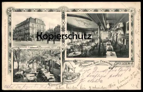 ALTE POSTKARTE GRUSS AUS RESTAURANT ZUM LÄMMCHEN DRESDEN STRASSENBAHN HALTESTELLE BLASEWITZER STRASSE REIMERT postcard