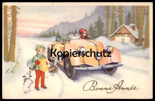 ALTE KÜNSTLER POSTKARTE BONNE ANNÉE ENFANT VOITURE CHIEN FILLE KIND MÄDCHEN girl child Auto Hund dog cpa postcard