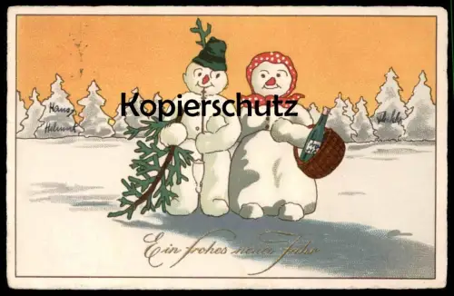 ALTE POSTKARTE SCHNEEMANN UND SCHNEEFRAU EIN FROHES NEUES JAHR WEIN snowman snowwoman bonhomme de neige postcard cpa AK