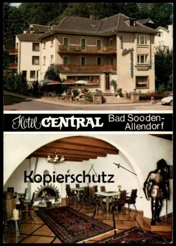ÄLTERE POSTKARTE BAD SOODEN-ALLENDORF HOTEL CENTRAL CAFÉ RESTAURANT FRONT VW KÄFER RITTER RÜSTUNG Ansichtskarte postcard