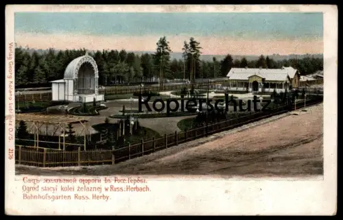 ALTE POSTKARTE RUSSISCH HERBY BAHNHOFSGARTEN HERBACH bei Lublinitz Tschenstochau Russkije Gmina Herby poland polska cpa