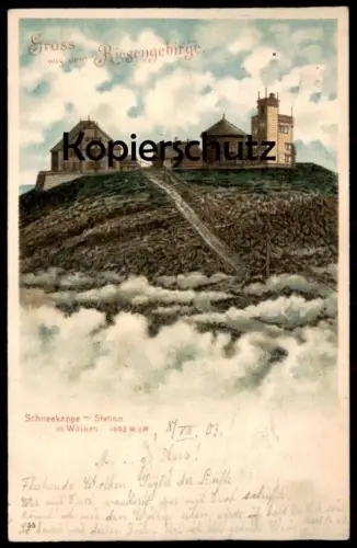 ALTE PRÄGE-POSTKARTE GRUSS AUS DEM RIESENGEBIRGE SCHNEEKOPPE STATION IN DEN WOLKEN Schlesien Ansichtskarte postcard cpa