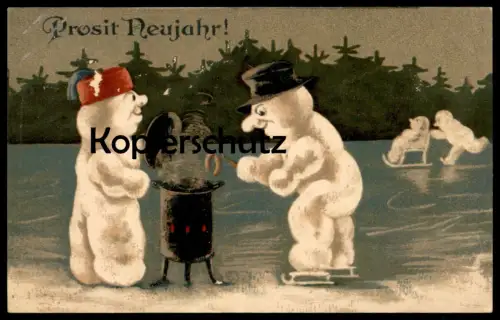 ALTE POSTKARTE SCHNEEMANN SCHNEEMÄNNER GRILLEN WURST snowman bonhomme de neige