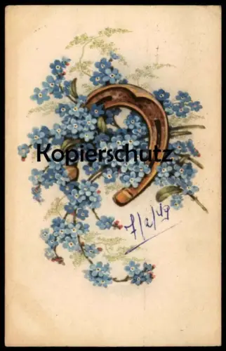ALTE POSTKARTE VERGISSMEINNICHT MYOSOTIS FLEURS FER Á CHEVAL forget-me-nots horseshoe Blume Blumen flower cpa postcard