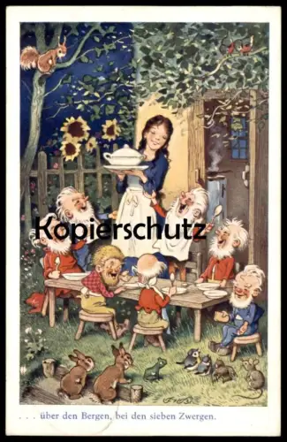 ALTE KÜNSTLER POSTKARTE ÜBER DEN BERGEN, BEI D. SIEBEN ZWERGEN SCHNEEWITCHEN FRITZ BAUMGARTEN ZWERG 7 dwarves fairy tale