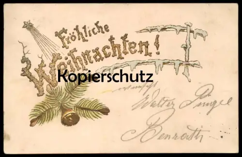ALTE PRÄGE POSTKARTE FRÖHLICHE WEIHNACHTEN GOLDENE GLOCKE ZWEIG vergoldet clarine bell cloche Ansichtskarte postcard AK