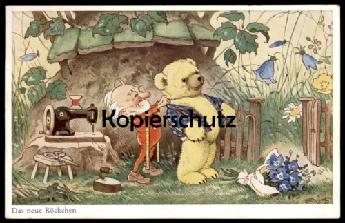 ALTE KÜNSTLER POSTKARTE DAS NEUE RÖCKCHEN MÄRCHEN FRITZ BAUMGARTEN ZWERG SCHNEIDER TEDDY BÄR bear ours fairy tale AK cpa