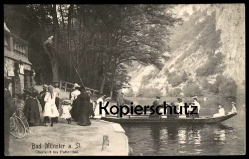 ALTE POSTKARTE BAD MÜNSTER AM STEIN ÜBERFAHRT INS HUTTENTHAL Huttental Boot Anzug Hut Kind Ansichtskarte AK cpa postcard