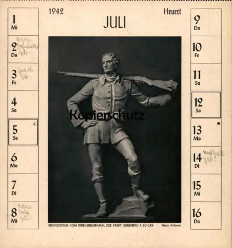 ALTE POSTKARTE BRONZEFIGUR VOM KRIEGEREHRENMAL DER STADT GRÜNBERG IN SCHLESIEN JULI 1942 ZIELONA GORA DEUTSCHE PLASTIK