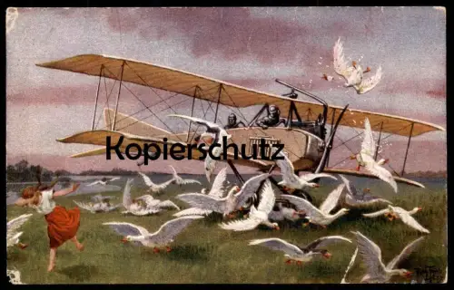 ALTE KÜNSTLER POSTKARTE ARTHUR THIELE FLUGZEUG Luftfahrt Doppeldecker avion airplane Gänse Gans goose AK cpa postcard