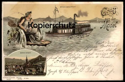 ALTE LITHO POSTKARTE GRUSS VON DER MOSEL MOSELDAMPFER BAD BERTRICH VON OSTEN NIXE MERMAID Ansichtskarte AK postcard cpa