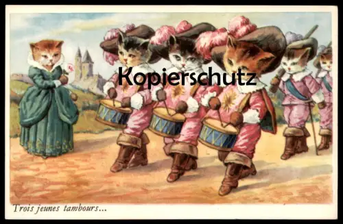 ALTE POSTKARTE KATZEN VERMENSCHLICHT TAMBOURS MARSCH cat cats chat chats Katze Ansichtskarte AK cpa postcard