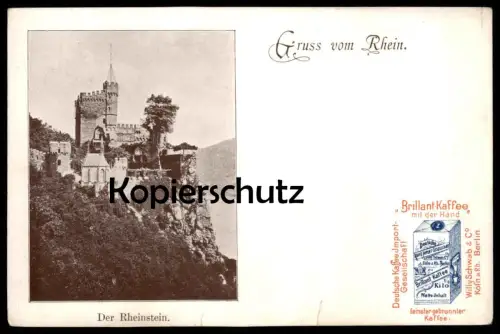 ALTE POSTKARTE GRUSS VOM RHEIN SCHLOSS RHEINSTEIN BRILLANT KAFFEE MIT DER HAND REKLAME Burg chateau