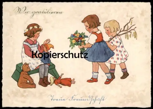 ALTE KÜNSTLER POSTKARTE WIR GRATULIEREN TREUE FREUNDSCHAFT KINDER MÄDCHEN TEDDY BÄR PUPPEN RENATE DRUDE Ansichtskarte AK
