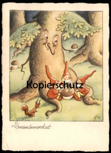 ALTE POSTKARTE DREIMÄNNERSKAT ZWERGE VERMENSCHLICHT SPIELEN SKAT ERNST FAY dwarf play cards squirrel tree postcard