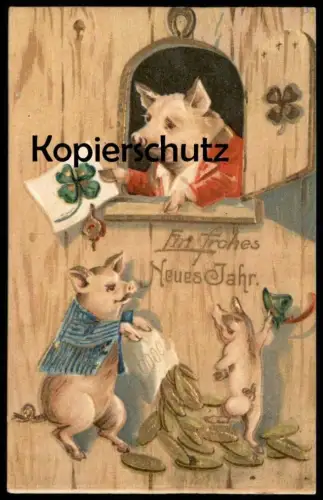 ALTE PRÄGE POSTKARTE EIN FROHES NEUES JAHR SCHWEINE VERMENSCHLICHT POSTBEAMTER BRIEF MÜNZEN pig Ansichtskarte postcard