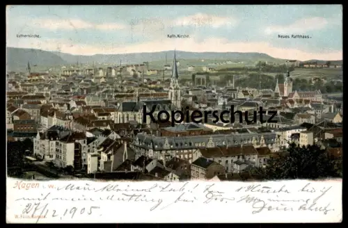 ALTE POSTKARTE HAGEN WESTFALEN PANORAMA LUTHERKIRCHE KATHOLISCHE KIRCHE NEUES RATHAUS Ansichtskarte AK postcard cpa