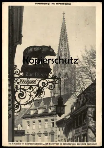 ALTE POSTKARTE FREIBURG BREISGAU 1934 WIRTSSCHILD DES HISTORISCHEN GASTHOFES ZUM BÄREN MIT DER MÜNSTERPYRAMIDE AK cpa