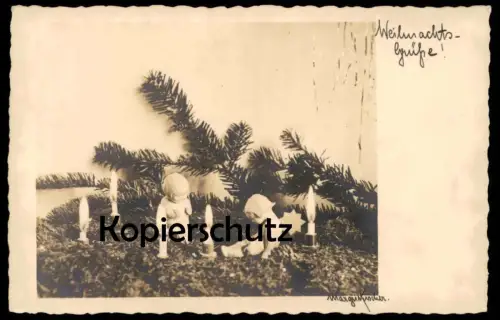 ALTE POSTKARTE WEIHNACHTSGRÜSSE MARGIT KISCHER ? 1930 TANNENWZEIG HOLZFIGUREN ENGEL Krippe ? christmas AK cpa postcard