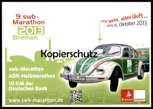 POSTKARTE SWB AOK MARATHON BREMEN ERLEBEN 2013 VW KÄFER Volkswagen Auto Ansichtskarte cpa postcard AK