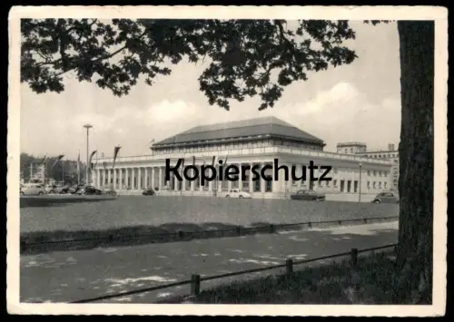 ALTE POSTKARTE KARLSRUHE STADTHALLE MIT FESTPLATZ Autos 1956 Ansichtskarte AK postcard cpa